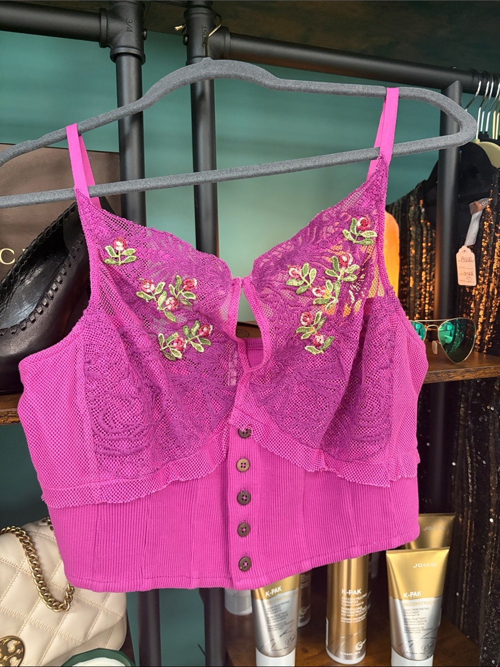 Magenta Lace Embroidered Crop Tank Top by free people medium